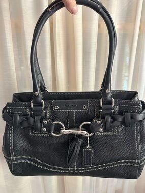 Coach Black Leather Satchel with Braided Trim and Tassel